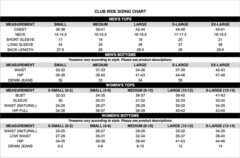 Club L Size Chart